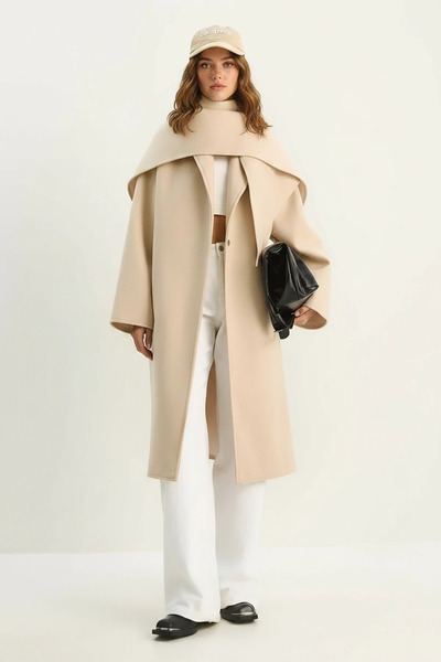 Efnaz style Women's Oversized Cashmere Beige Coat with Flap Collar and Scarf ...
