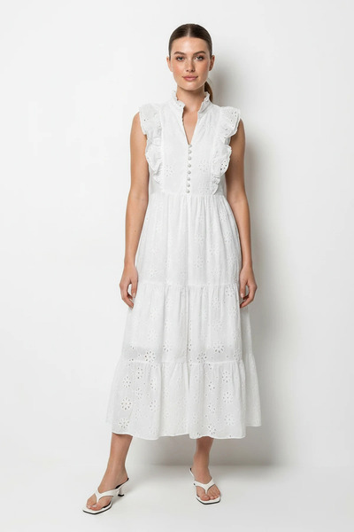Efnaz style Women's Flounce Sleeve High Neck Lined Midi Brode White Dress