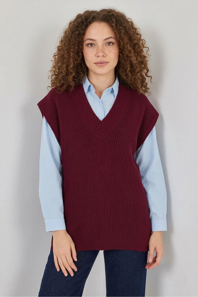 Efnaz style Women's V-Neck Knitwear Sweater Claret Red