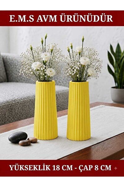E.M.S AVM 2 Pieces Yellow Color Long Large Size Striped Vase Bohem Long Vase ...