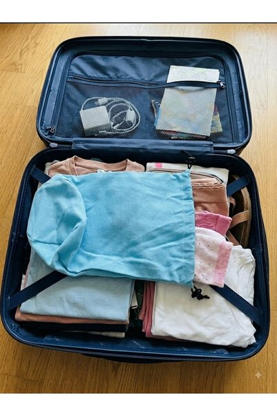 MOJOMIX Blue Color Linen Fabric Cylinder Shaped Multi-Purpose Makeup / Beach / Travel Bag 18*30*10 cm