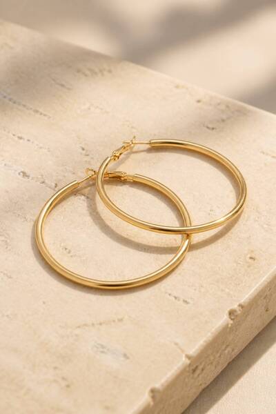 LYKOS Gold Color 46 mm Plain Steel Classic Hoop Earrings - Minimalist Clip-On...