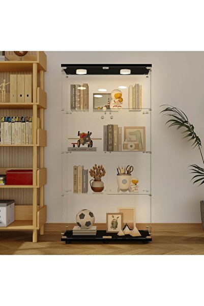 MODERN lunhung Glass Display Cabinet 4-Shelf with LED Lights and Lock,2 Doors...