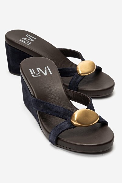 LuviShoes CATERINA Papuci de damă cu toc cu pană, din piele naturală, albastr...