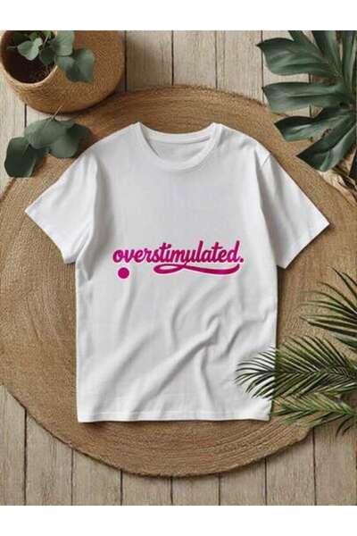 NOURAM Women's "Overstimulated" Funny Pink Slogan Print Crewneck Short Sleeve...