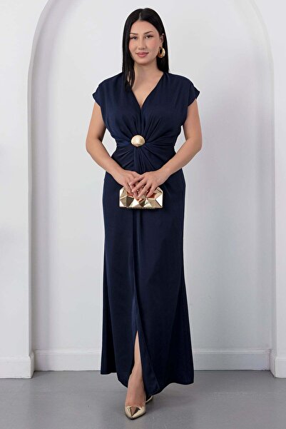 PULLIMM V-Neck Dress with Waist Buckle and Slit K-252618