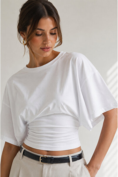 Meşe Moda Waist-Fitted Wide Sleeve Natural 100% Viscose Blouse T-Shirt