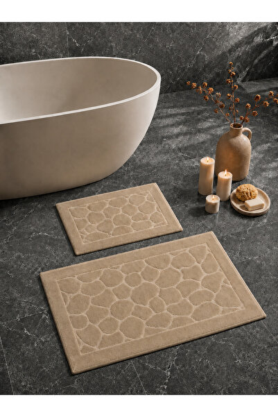 Taş %100 Pamuk 2'li Banyo Paspası, Yıkanabilir Su Emici Klozet Takımı - 60x100 + 50x60 cm
