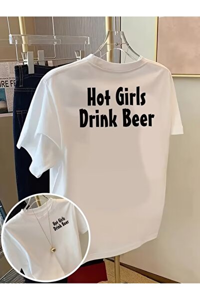 AEMİ Unisex Hot Girls Drink Beer Printed Oversize Crew Neck T-Shirt