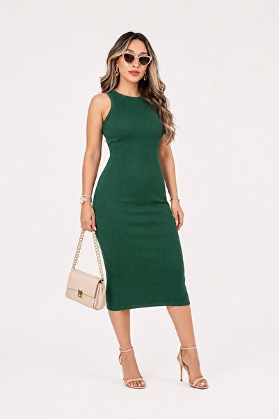 MOVİMENT Green Corded Bodycon Midi Pencil Dress |   Halter Neckline, Body-Fitting, Flexible Cut |   98% Cotton Camisole Knitted Fabric