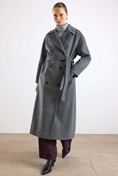 Olcay Oversize Low Sleeve Double Breasted Coat Dark Gray 3173