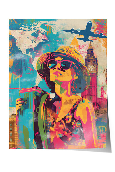 Zestia Poster premium Pop Art Travel, colaj cu femei călătoare cu tematică Lo...