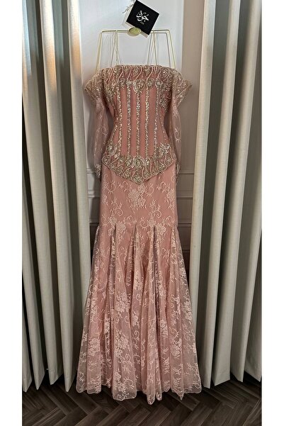 Jood Long Lace Mermaid Evening Dress with Rhinestones