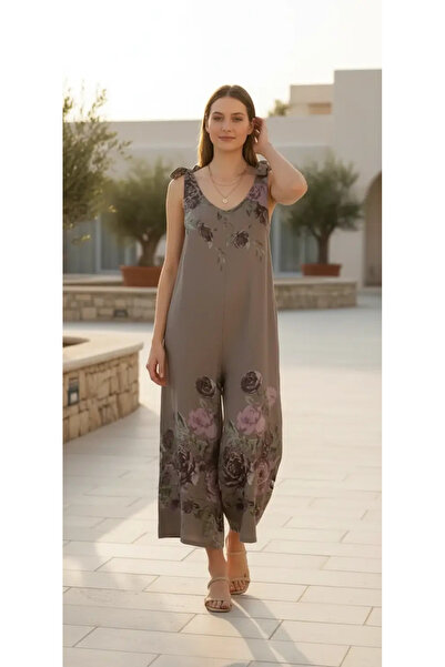 Sierra otantik Rose Patterned Shoulder Tie 100% Linen Jumpsuit