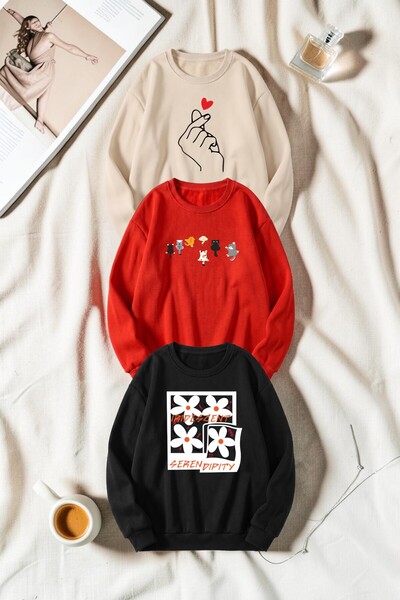 uyguntarz Unisex Mixed Printed Crew Neck Sweatshirt Set – Pack of 3
