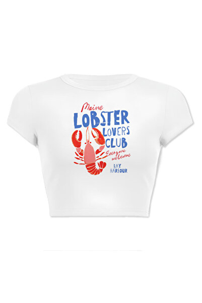 designedfy Kadın Main Lobster Baskılı Pamuklu Likralı Crop Beyaz