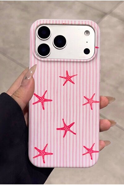 KVK PRİVACY iPhone 17 Pro Uyumlu Pembe Deniz Yıldızı Desenli Çizgili Kadifems...