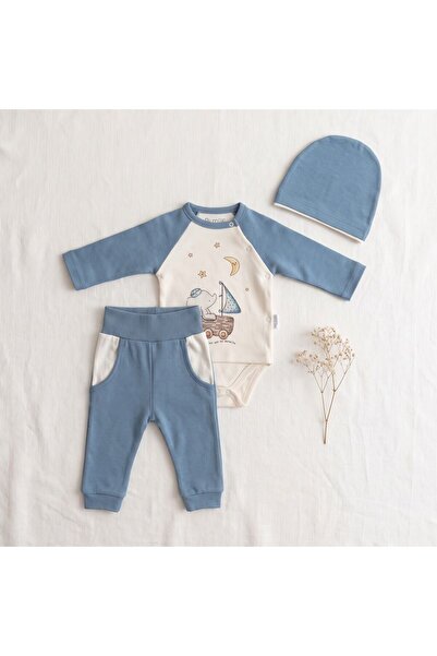 Minelora Sailboat Elephant Printed Newborn Baby 3-Piece Bodysuit Set