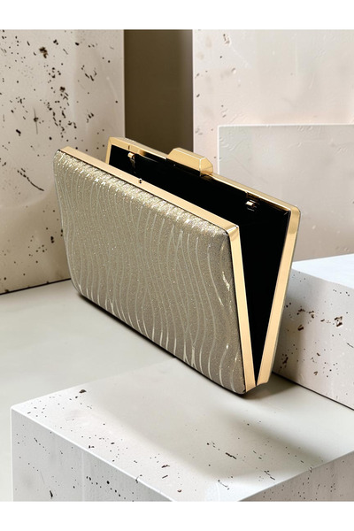 Biçanta Gold Gold Dore Striped Laser Patterned Women's Evening Dress Bag Wedding Engagement Graduation