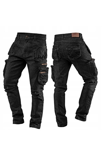 NEO Tools Pantaloni de lucru blugi denim 5 buzunare negri până la talie bumba...