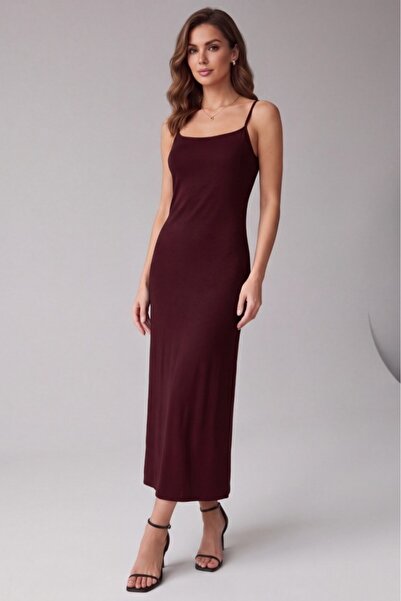 Betimoda Women's Rope Strap Square Neck Viscose Long Basic Dress Brown