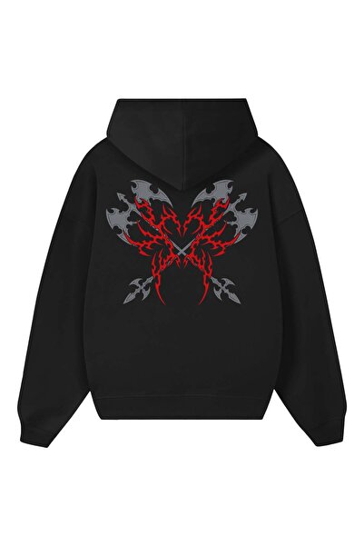 barsdepo Gothic Butterfly and Knife Printed Oversize Unisex Black Hoodie Swea...
