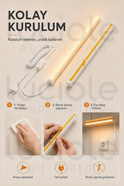 luciole 220V Amber LED Bar 100 cm Fişli Anahtarlı Yapışkanlı Tezgah Altı Dolap İçi Aydınlatma