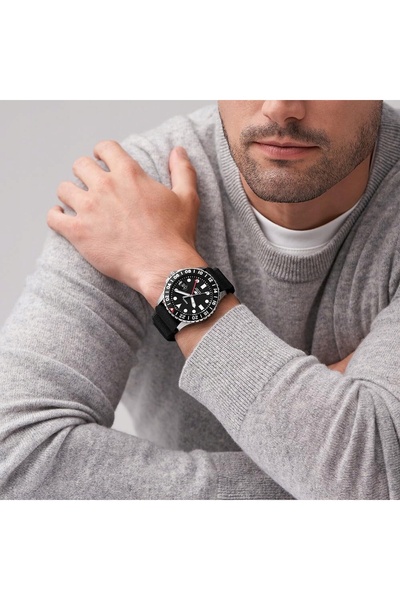 Fossil Ceas bărbătesc FS6036 Black Diver cu GMT și lupă luminoasă pe curea + ...