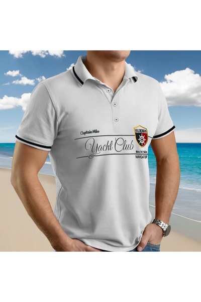 NO BRAND Tricou polo alb pentru bărbați, din bumbac turcesc, cu broderie „Cap...