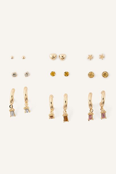 DeFacto Women's 9-Piece Stone and Figured Hoop and Stud Earring Set I1372Axns
