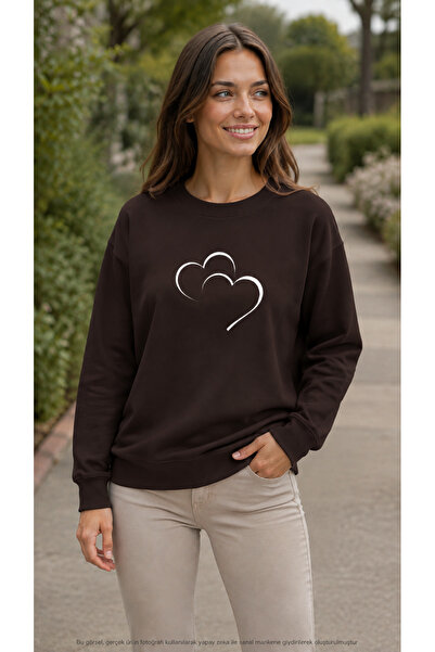 caddekombin Women's Double Heart Printed Round Neck Long Sleeve Sweatshirt