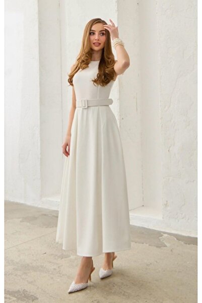 SEREMONİ BUTİK Ecru Halter Neck Flared Dress