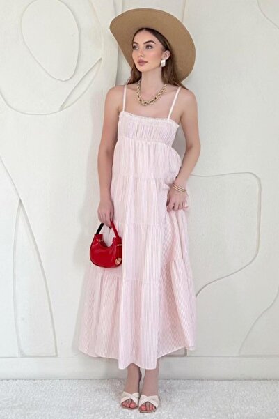 Elbee Fashion Woman Pink Strap Striped Muslin Dress