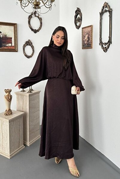 Elbee Fashion Woman Coffee Jacquard Satin Dress
