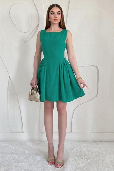 SEREMONİ BUTİK Green Mini Size Gathered Linen Dress