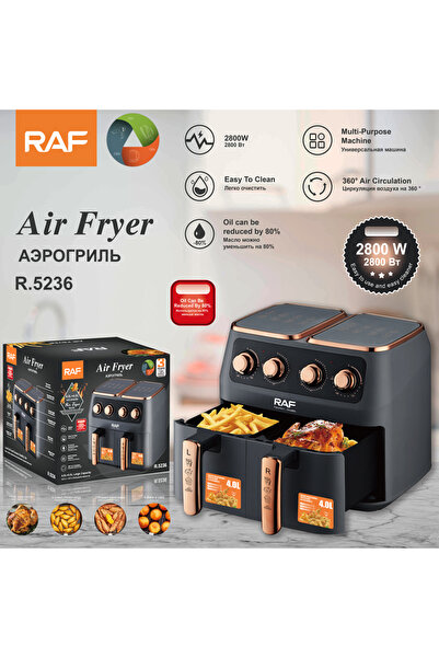 raf Electric Dual Basket Air Fryer 8L, Black / Silver, R.5236, 3 Years