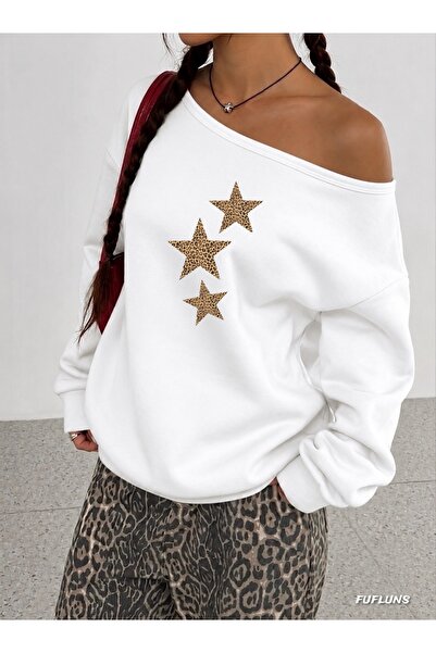FUFLUNS Leopard Stars Printed Oversized Women's Boat Neck Sweatshirt