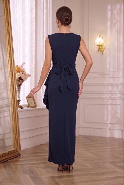 ALFUDO Moda Collection Kruvaze Yaka Kadın Volanlı Yırtmaçlı Taş Kemerli Lacivert Düğün ve Nişan Abiye Elbise