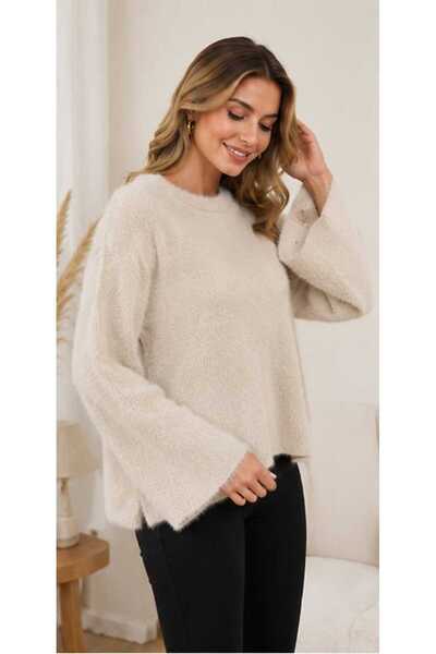 BELLA VESTE ATELİER Women's Crew Neck Soft Textured Loose Cut Long Sleeve Knitwear Sweater