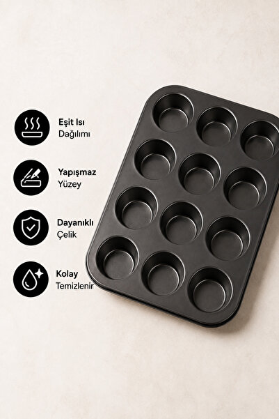innoway 12’li Muffin Kek Kalıbı - Yapışmaz Metal Cupcake Topkek Fırın Pişirme Tepsisi