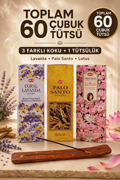 Hem 3 Çeşit Çubuk Tütsü Seti 60 Adet Lavanta Palo Santo Lotus Kokulu Ahşap Tü...