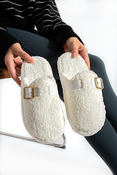 ModaMert Women's Ecru Buckle Detailed Winter Comfortable Women's Slippers