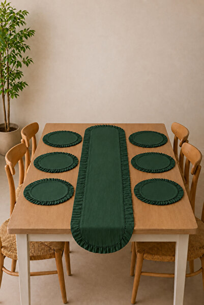 KaiHome Ruffle Detailed Linen 50 X 150 Runner & Placemat Set – 7 Piece Dowry ...