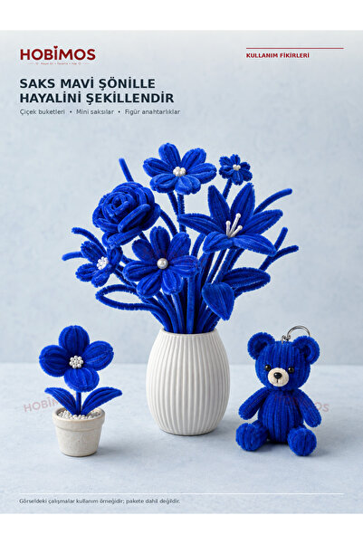 Hobimos 10 Adet Saks Mavi Şönil Tel - 6 mm x 30 cm - Tüylü Çubuk Çiçek ve Hobi Malzemesi