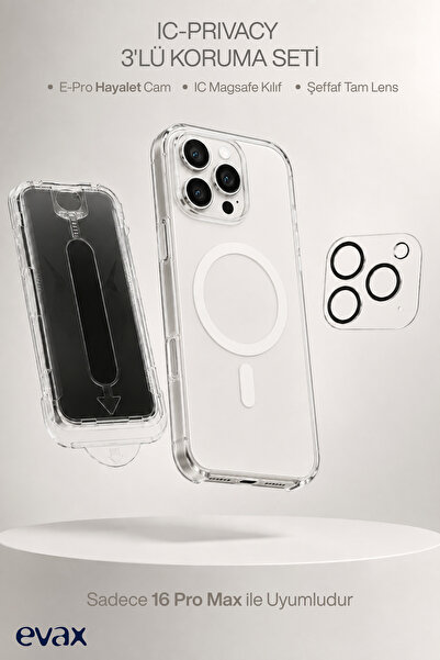 Evax [IC-PRIVACY SET] 16 Pro Max Uyumlu Aparatlı Hayalet Cam, IC Sert Şeffaf ...