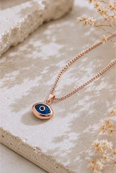 Spossy Silver Jewelry 925 Ayar Gümüş Rose Kaplamalı Oval Tasarım Mavi Nazar C...