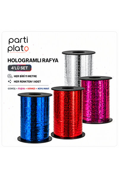 Parti Plato 4'lü Hologramlı Metalize Rafya Seti 4 x 11 Metre Balon İpi ve Hed...