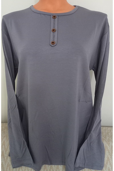 Anne Er Clothing Paper Print Combed Cotton Blouse Long-Sleeve Crew Neck Grey