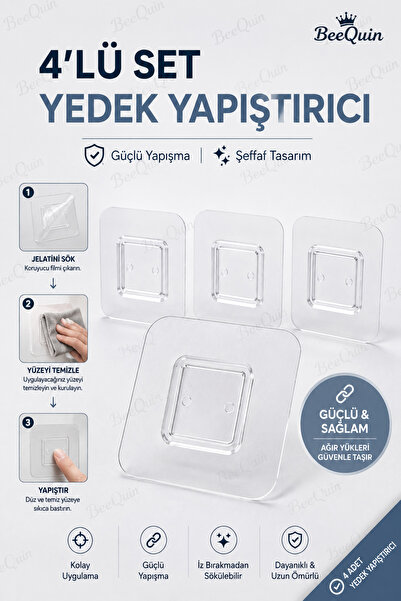 BeeQuin 4’lü Yedek Yapıştırıcı Şeffaf Güçlü Yapışkanlı Askı Aparatı Duvar Org...