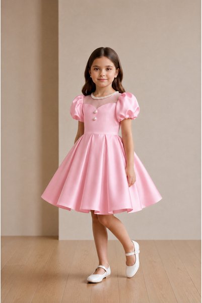 MUSGEM Special Design Pearl Detailed Pink Short Sleeve Balloon Sleeve Girl's Evening Dress
